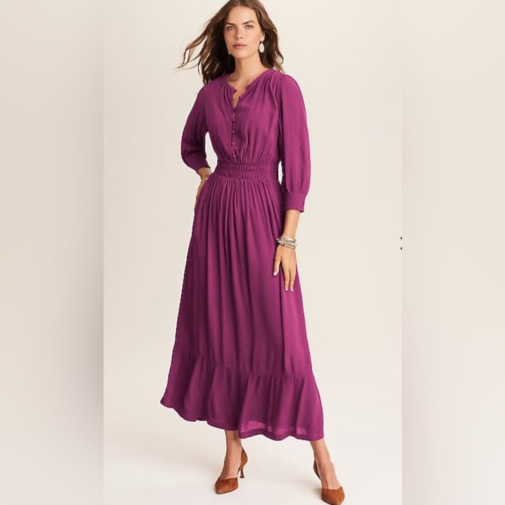 NWT J. Jill Smocked-Details Tiered Dress SZ Large Petite, Plum